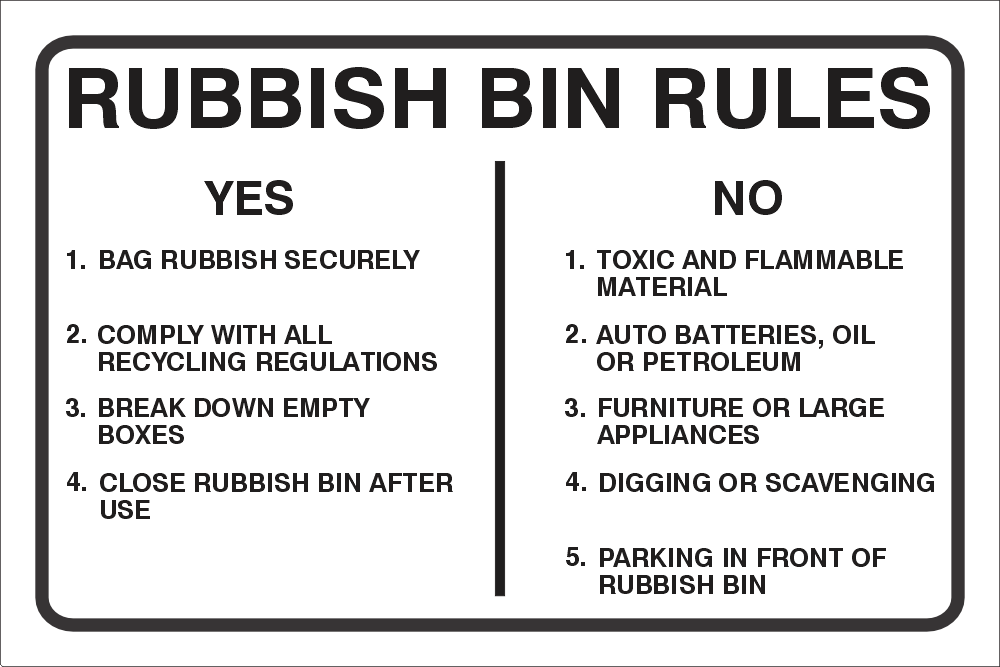 Rubbish bin rules safety sign (NOT032) Safety Sign Online