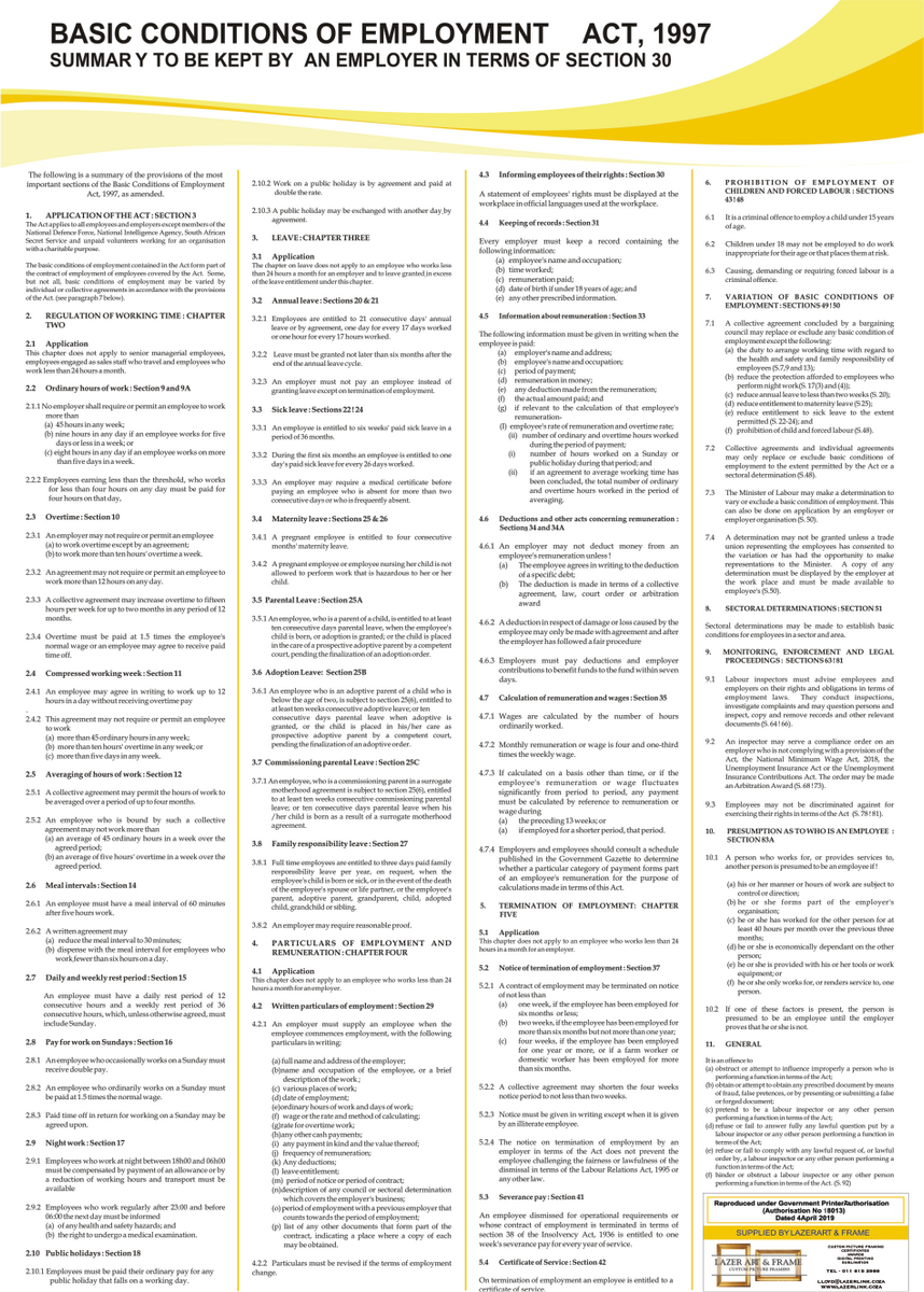 A1 Basic Conditions of Employment Act, 2024 Safety Sign Online