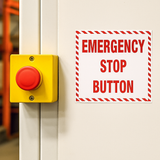 Emergency stop button with chevron border safety sign (ES15)