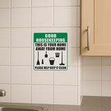 Good housekeeping sign with cleaning tools icon.