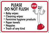 Safety sign with cartoon character and text listing items that should not be flushed, with a red stop sign featured prominently.