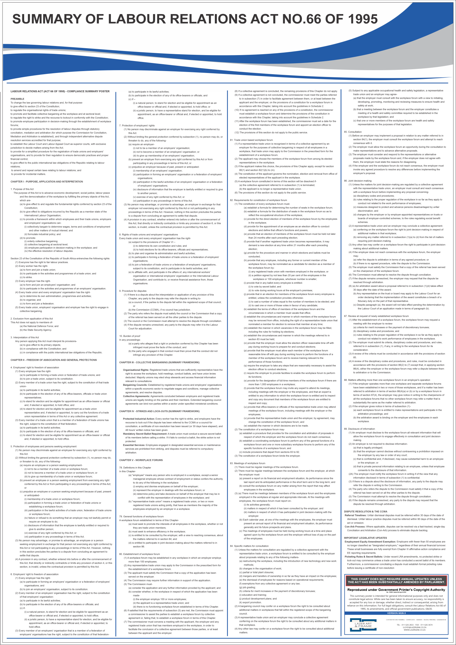 A1 - Summary of Labour relations Act , Revised May 2026 Poster