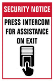 A red and white security notice sign with text and an icon depicting a finger pressing a button on an intercom.