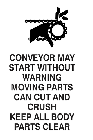 Conveyor may start without warning safety sign (NOT075)