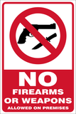 Sign with red circle and line through gun and knife symbols.