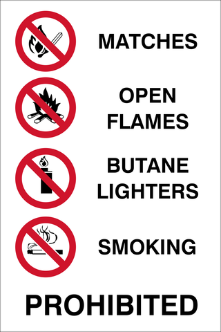 Matches, open flames, Butane Lighters or smoking is prohibited in this area safety sign (P29)