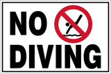 No diving sign with a red circle and line over a person diving into water.