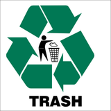 A safety sign featuring a green recycling symbol with a graphic of a person and a trash bin, and the word 'TRASH' below it.