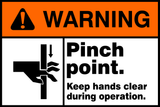 A safety sign with an orange background and black pictogram depicting a warning for a pinch point hazard, accompanied by text instructions to keep hands clear during operation.