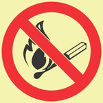 No fire or open flames photoluminescent (glow in the dark) safety sign (F26)
