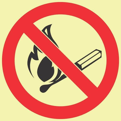 No fire or open flames photoluminescent (glow in the dark) safety sign (F26)