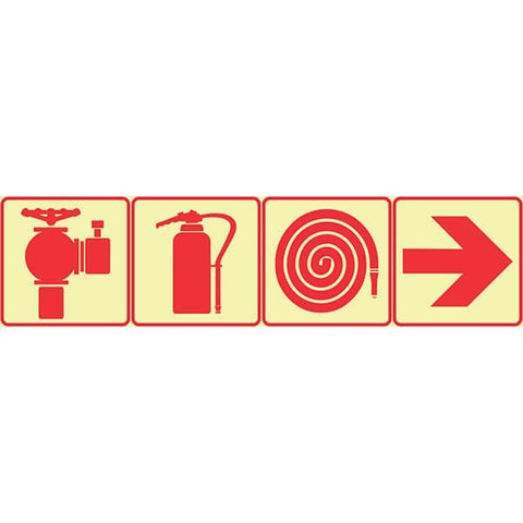 SABS Fire Hydrant, Fire Extinguisher, Fire Hose Reel And Red Arrow Right, photoluminescent (glow in the dark) safety sign (F3)