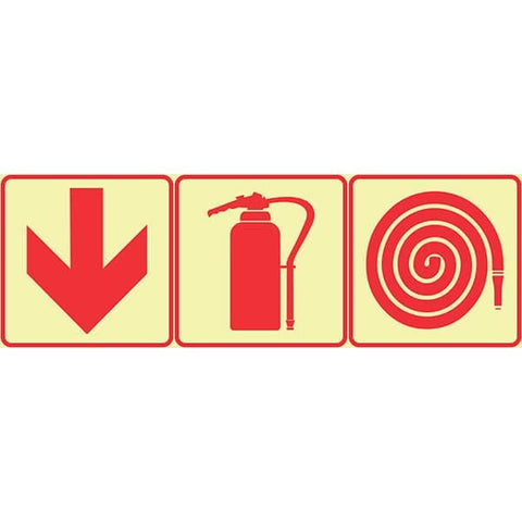 SABS Red Arrow down, Fire Extinguisher And Fire Hose Reel photoluminescent (glow in the dark) safety sign (F4)
