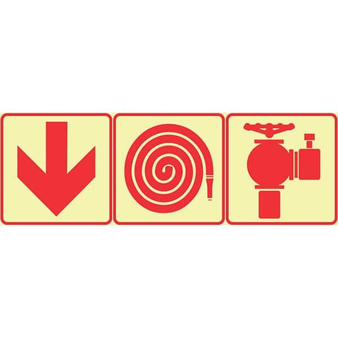 SABS Red Arrow Down, Fire Hose And Fire Hydrant Photoluminescent (glow in the dark) safety sign (F7)