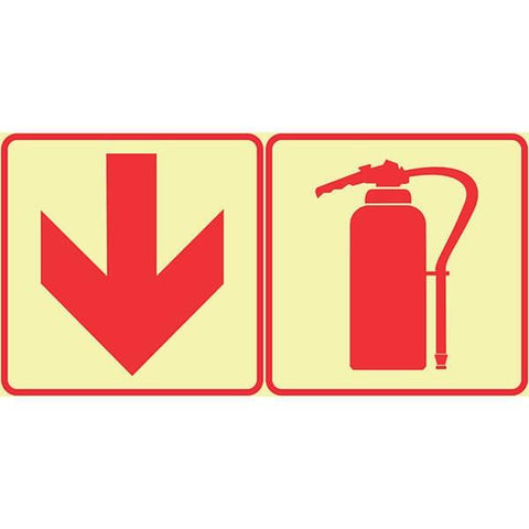 SABS Red Arrow down with Fire Extinguisher photoluminescent (glow in the dark) safety sign (F13)