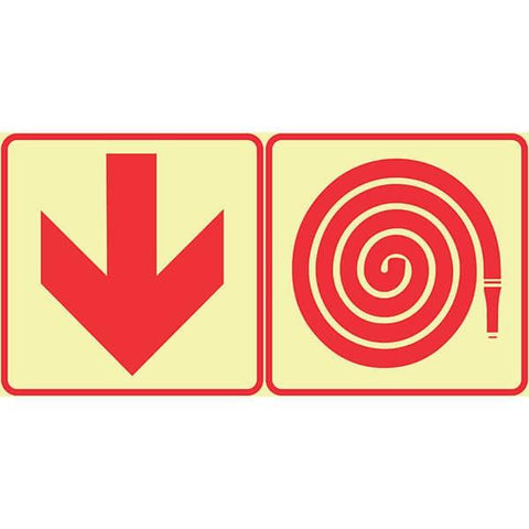 SABS Red Arrow Down And Fire Hose Reel photoluminescent (glow in the dark) safety sign (F14)