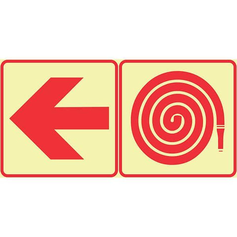 SABS Red Arrow Left and Fire Hose Reel photoluminescent (glow in the dark) safety sign (F17)