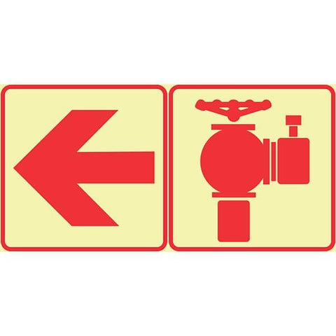 SABS Red Arrow Left and Fire Hydrant Photoluminescent (glow in the dark) safety sign (F18)