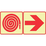 SABS Fire Hose Reel and Red Arrow Right photoluminescent (glow in the dark) safety sign (F20)