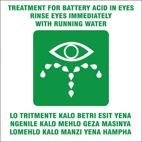 Treatment for battery acid in eyes - 2 languages safety sign (IN8)