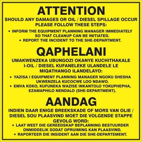 Diesel and oil spillage procedure safety sign (HW68)