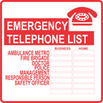 Emergency Telephone list safety sign (M76)