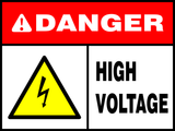 A safety sign with a red and black border, featuring a yellow warning triangle with a lightning bolt inside it, and the words 'HIGH VOLTAGE' below it.