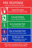 A safety sign with red, green, and blue sections detailing fire response instructions, including steps to take in the event of a fire such as sound fire alarm, evacuate building, go to emergency assembly point, stay at assembly point, and do not use lifts.