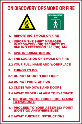 On discovery of smoke or fire safety sign (HW90)