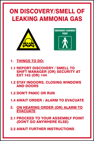 On discovery/smell of leaking ammonia gas safety sign (HW92)