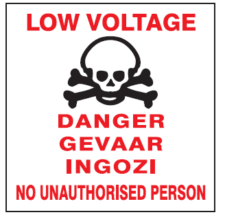 Low Voltage (3languages) safety sign (EV10)