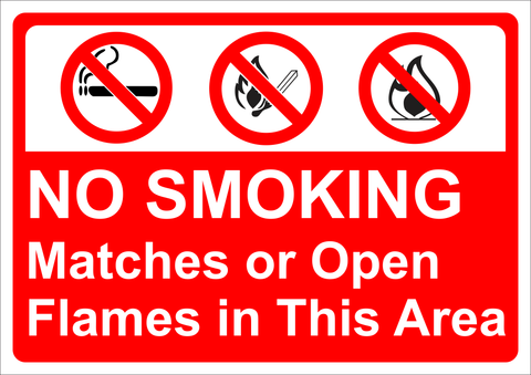 No Smoking, Matches or open flames in this area safety sign (NSM001)