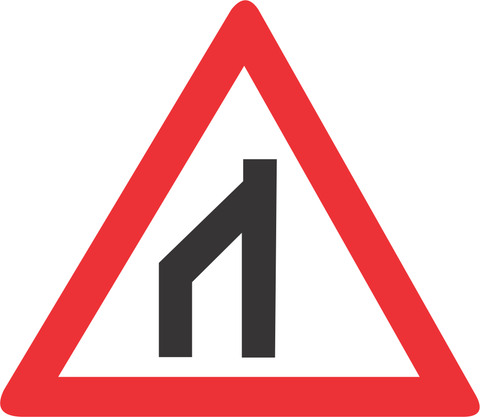 End of dual roadway (to right) road sign (W116)