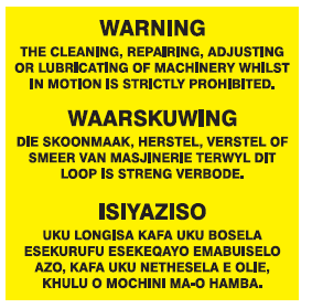 Warning The cleaning of moving machinery is prohibited (3 languages) safety sign (FM34)